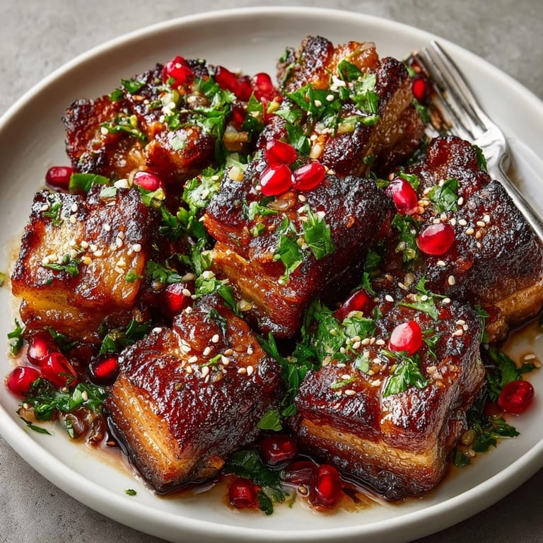 Close-up of juicy Pomegranate-Glazed Pork Belly Bites, garnished with pomegranate seeds and cilantro for a vibrant appetizer.