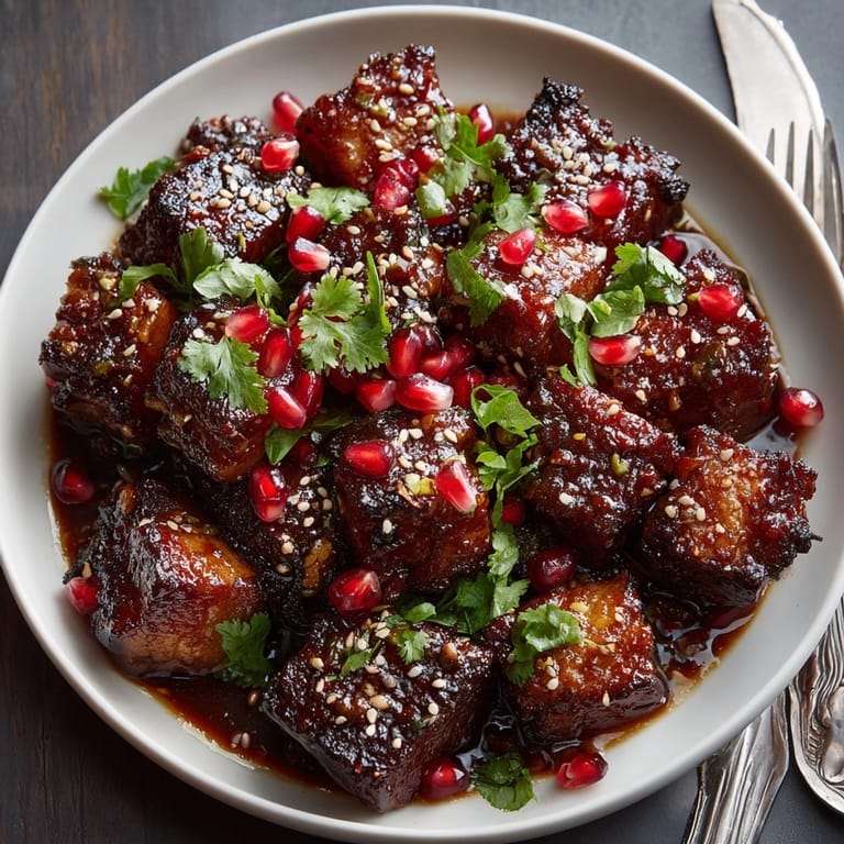 Tender Pomegranate-Glazed Pork Belly Bites served warm, showcasing caramelized edges with a glossy, tangy pomegranate finish.