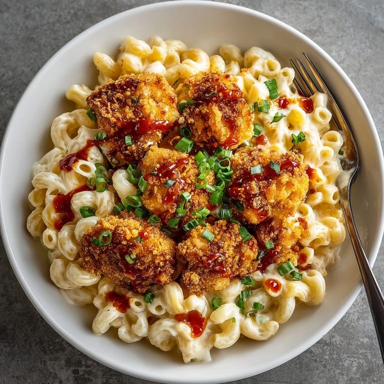 Creamy Sweet Chili Chicken Mac and Cheese featuring spicy sauce, crunchy chicken, and fresh herbs.