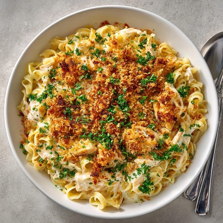 Closeup of a comforting Garlic Parmesan Chicken Ramen Bake with tender noodles and savory shredded chicken.