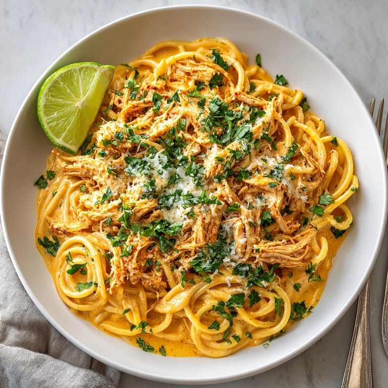 Bowl of creamy chipotle chicken spaghetti, swirled noodles and melty cheddar, ready to serve.