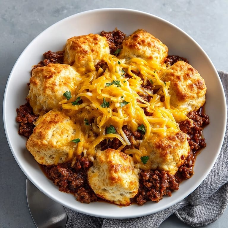Hearty Sloppy Joe Biscuit Casserole featuring savory beef and fluffy biscuits in a 9x13 pan.