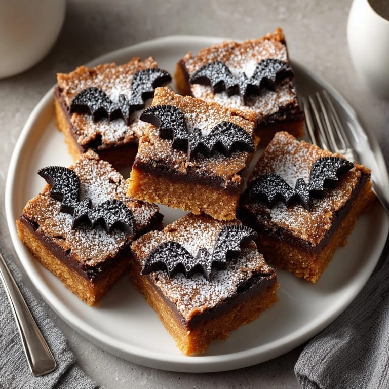 Homemade Pumpkin Pie Bars with chocolate-bat crust, ready for a festive autumn treat.