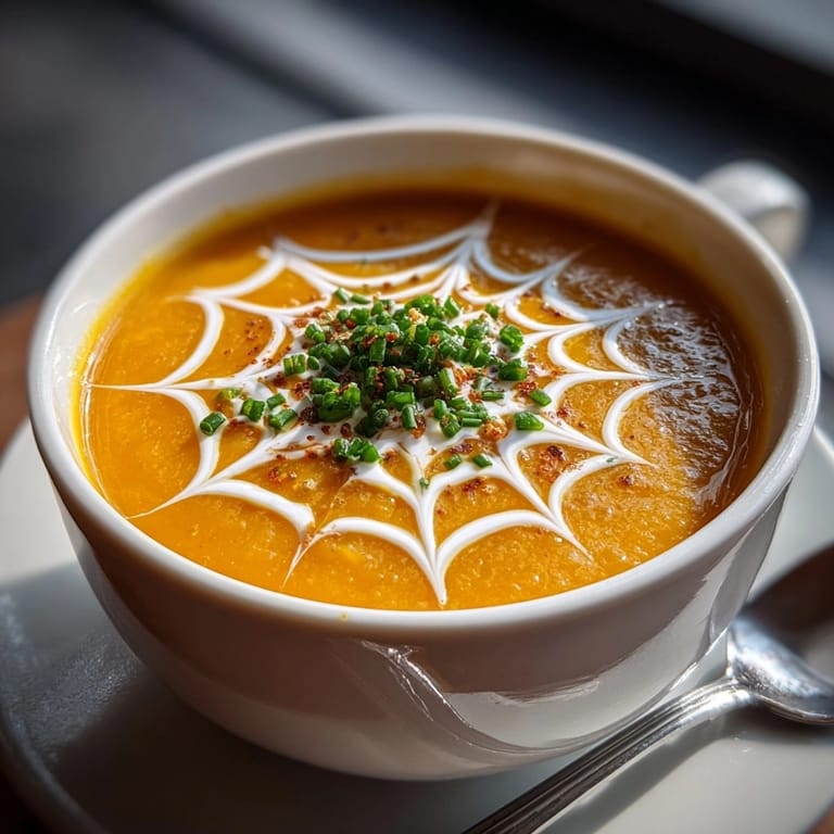 Homemade Spiderweb Split Pea Soup, a luscious green pur&eacute;e ready for Halloween entertaining.