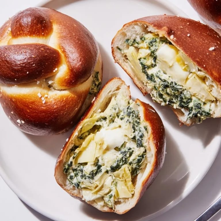 Warm, homemade Spinach and Artichoke Stuffed Pretzels, oozing with cheese—perfect game day snack.