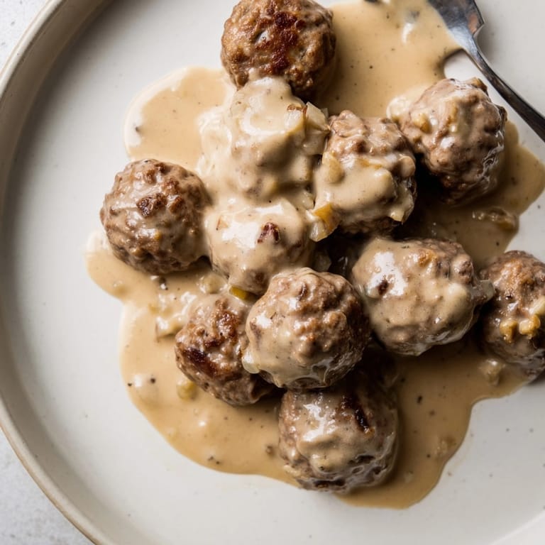 Golden Vegan Swedish Meatballs simmered in rich gravy, a comforting plant-based dinner.