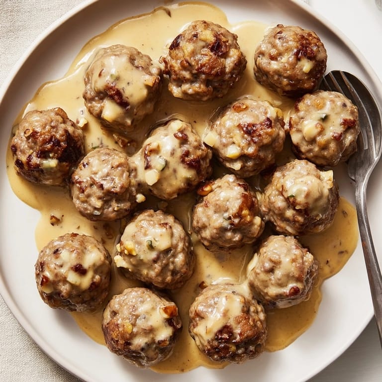 Close-up shows the texture of tasty Vegan Swedish Meatballs in creamy, savory sauce.