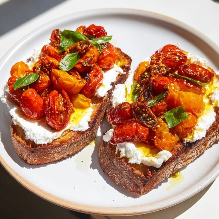 Close-up of Ricotta Roasted Tomato Toasties, warm tomatoes glistening on golden, crusty sourdough.