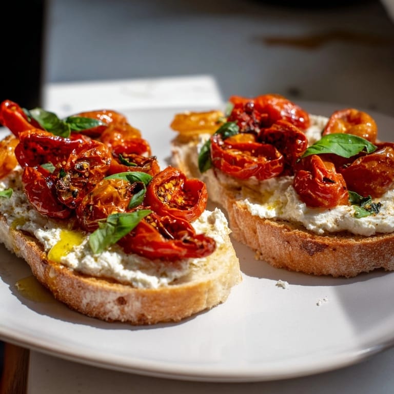 Homemade Ricotta Roasted Tomato Toasties ready to serve, garnished with basil; easy baking.
