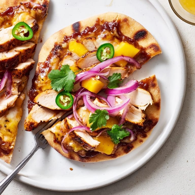 Close-up of melty cheese on warm Mango BBQ Chicken Flatbread, ready to enjoy.