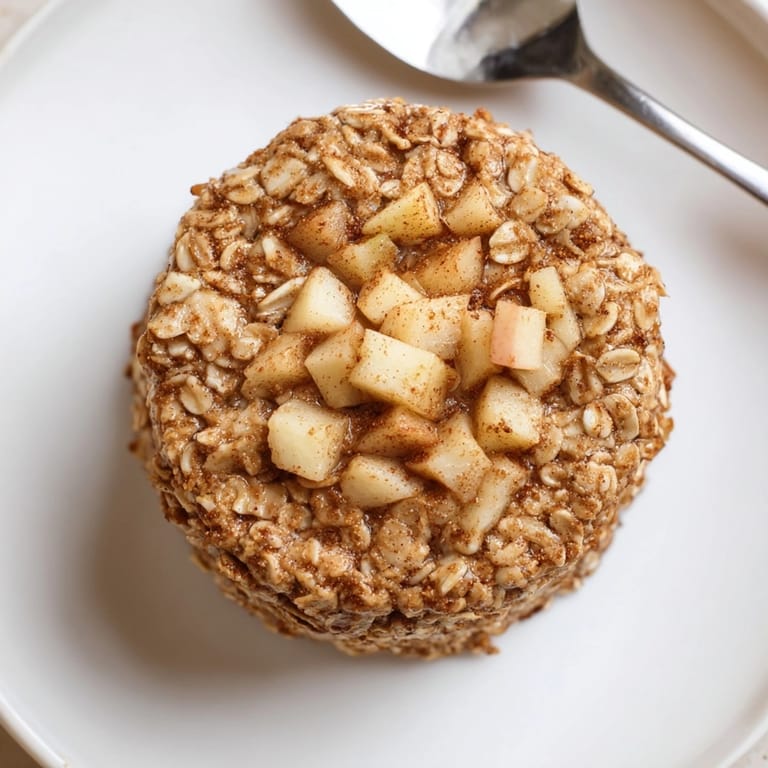 Warm, spiced Protein Apple Cinnamon Oatmeal Cups reveal diced apples and hearty oats.