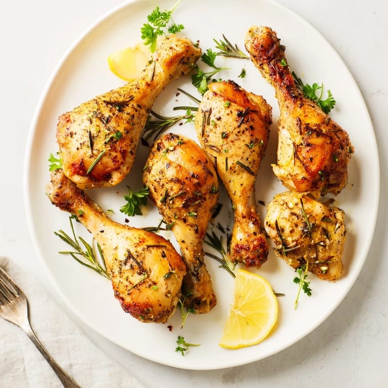 Close-up of baked Garlic Herb Roasted Chicken Drumsticks glistening with oil, aroma filling kitchen.