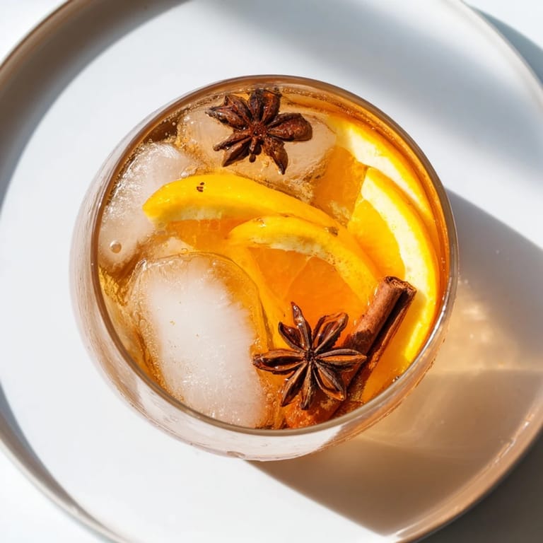 Sparkling chai fizz garnished with orange slices and cinnamon sticks for a festive touch.