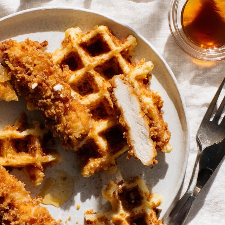 Enjoy Crispy Chicken Waffle Sticks, a fun dish ideal for breakfast or appetizers.