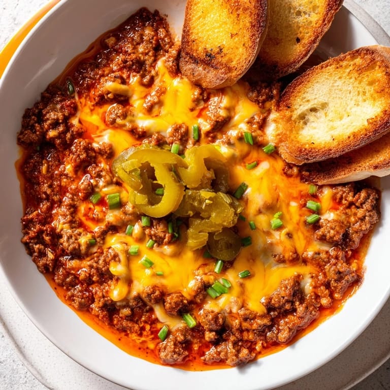 Savory Sloppy Joe dip topped with melted cheddar, ideal for casual parties.