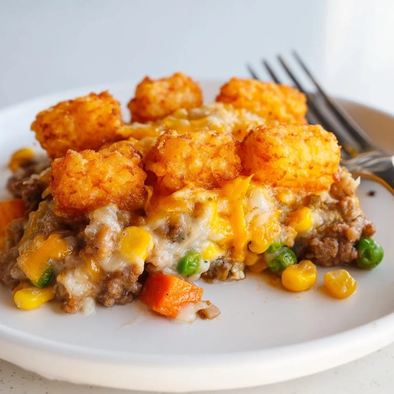 Hearty Sweet Potato Tater Tot Casserole with savory turkey and colorful vegetables for dinner.