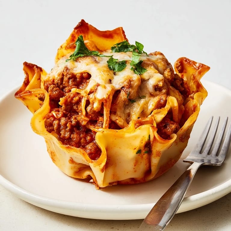 Individual pasta cups packed with hearty meat sauce and creamy ricotta filling.  