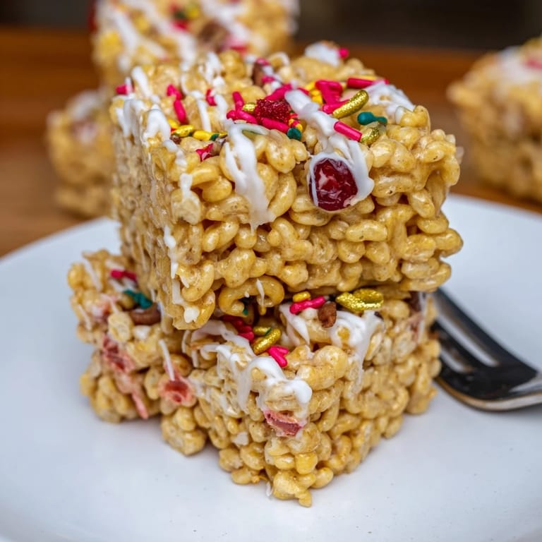 Colorful Thanksgiving Rice Krispie Treats topped with cranberries and a white chocolate drizzle.