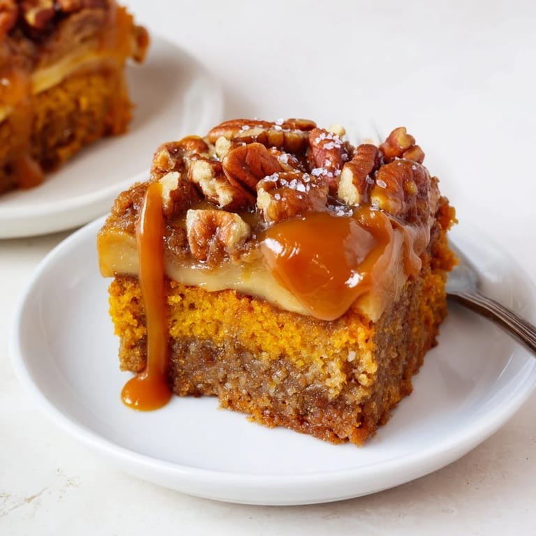 Warm pumpkin caramel muffin pie bars topped with crunchy pecans and sea salt.