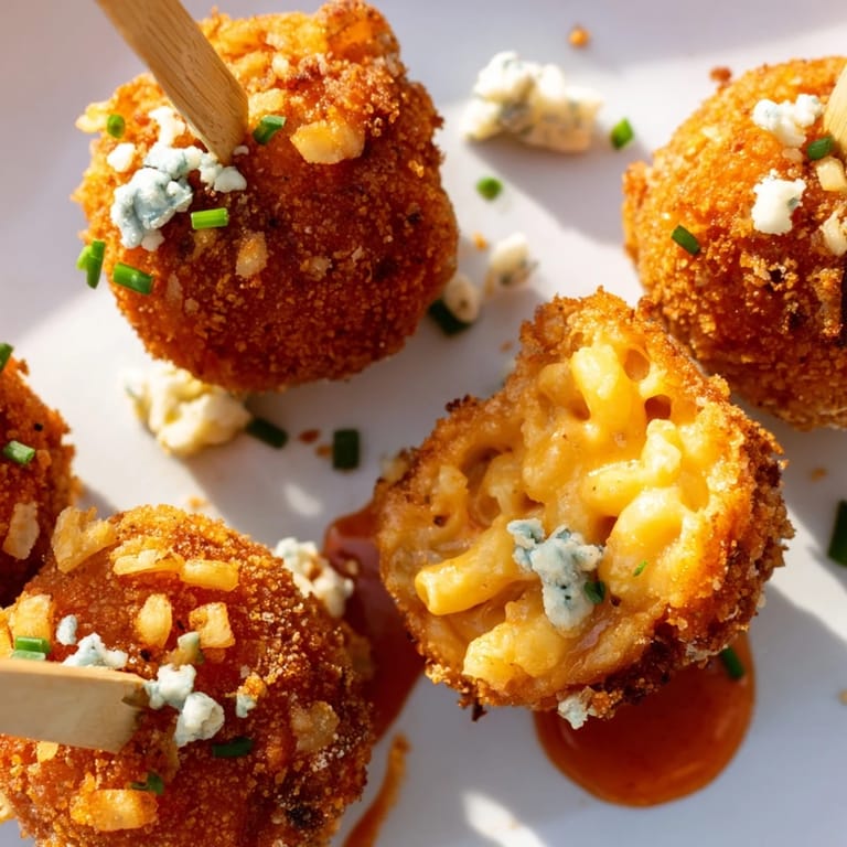 Crispy Spicy Buffalo Pumpkin Mac Pops garnished with chives and blue cheese, ready to enjoy.