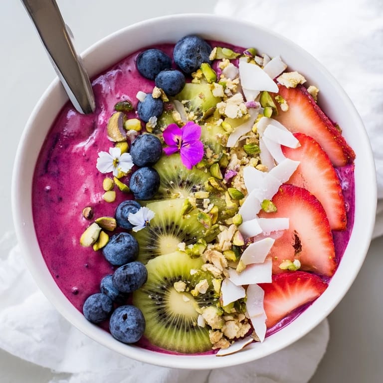 Nutritious breakfast smoothie bowls featuring creamy ube, granola, and edible flowers for flair.