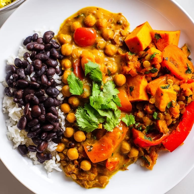 Hearty Caribbean sweet potato curry bubbling in a pot, featuring colorful veggies and herbs.