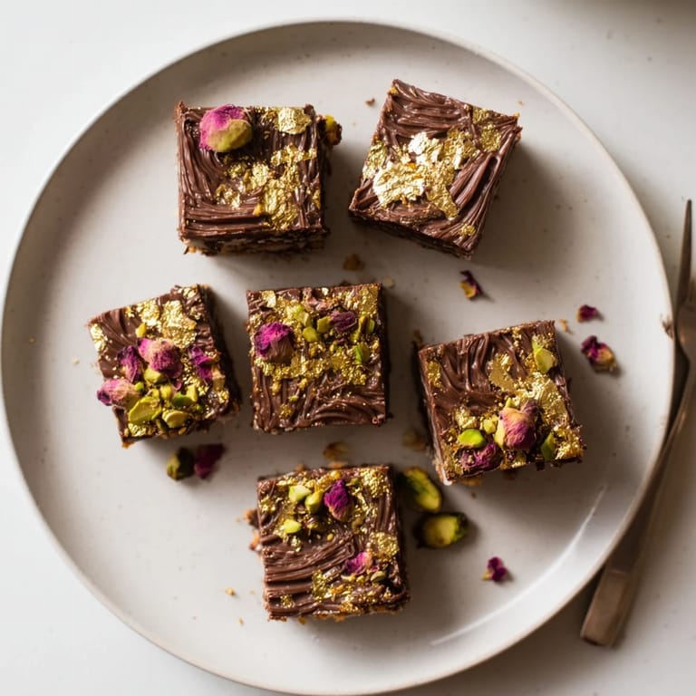 Gourmet chocolate bar inspired creations garnished with edible gold leaf and rose petals.  