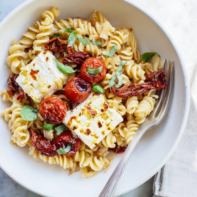 Elegant Baked Feta Pasta glistening with olive oil and fresh basil, perfect weeknight dinner.