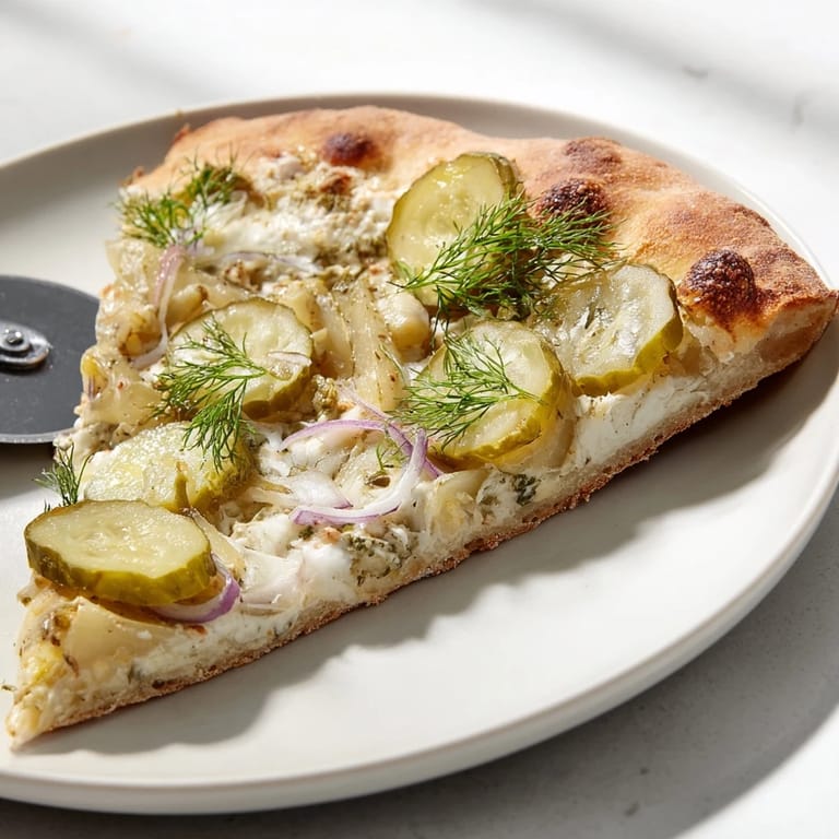 Deliciously baked Pickle Pizza featuring golden crust and vibrant pickle slices on top.