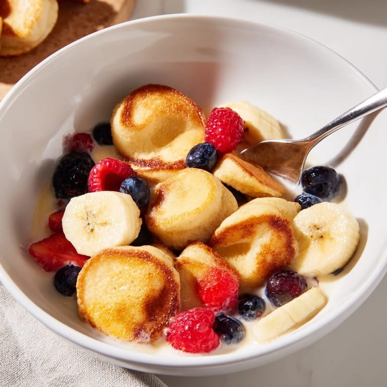 Fluffy mini pancakes served with honey, perfect for a fun breakfast treat!