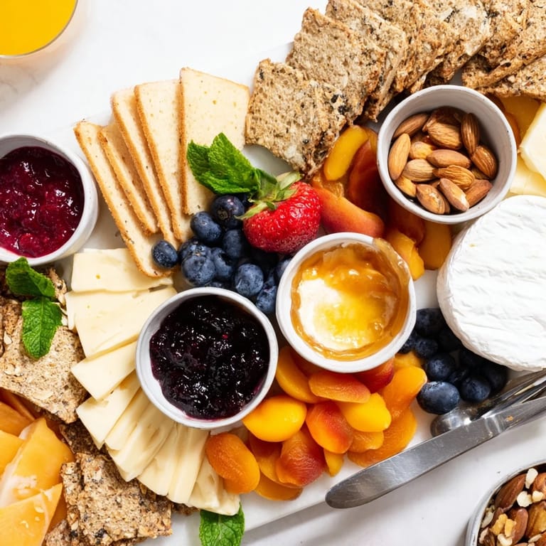 Beautifully arranged jam-infused brunch board with vibrant fruits and cheese selections.  