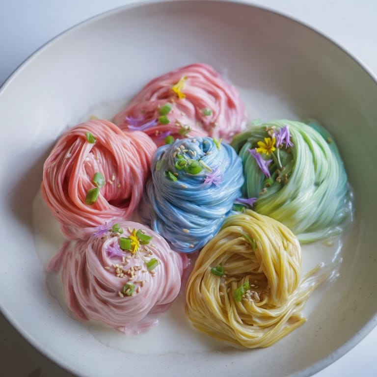 Delightful Neon Noodle Cloud spaghetti coated in whimsical cream sauce, garnished with scallions.  