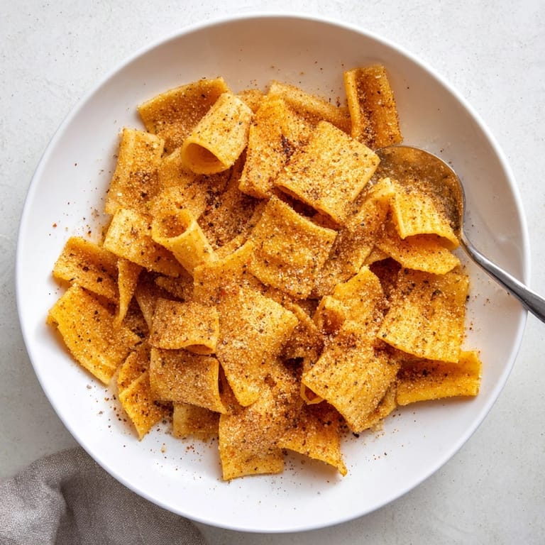 Golden-baked pasta chips seasoned with garlic and paprika, great for gatherings.  