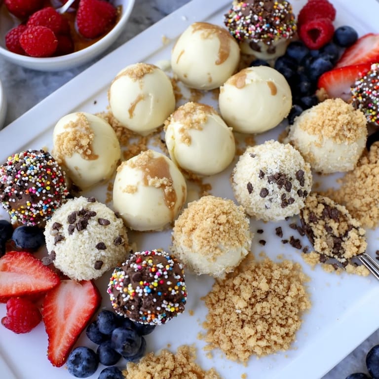 Colorful array of cheesecake bites, drizzled with caramel and sprinkled with nuts.  