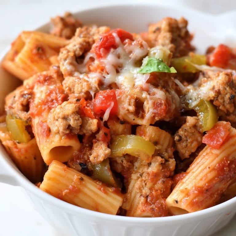 Savory baked rigatoni featuring Italian sausage, colorful bell peppers, and cheesy goodness.
