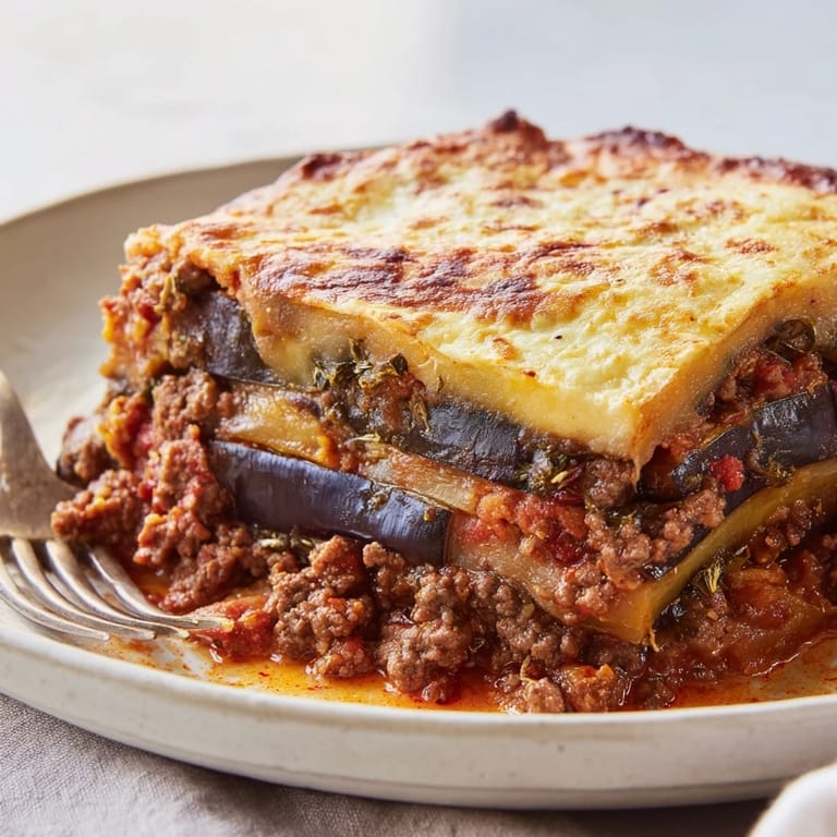 Deliciously baked Moussaka with Beef & Eggplant, showcasing rich flavors and roasted layers.