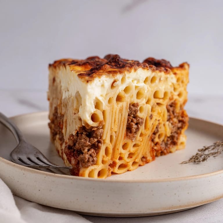 Golden, bubbling pastitsio topped with rich béchamel and savory beef sauce.  