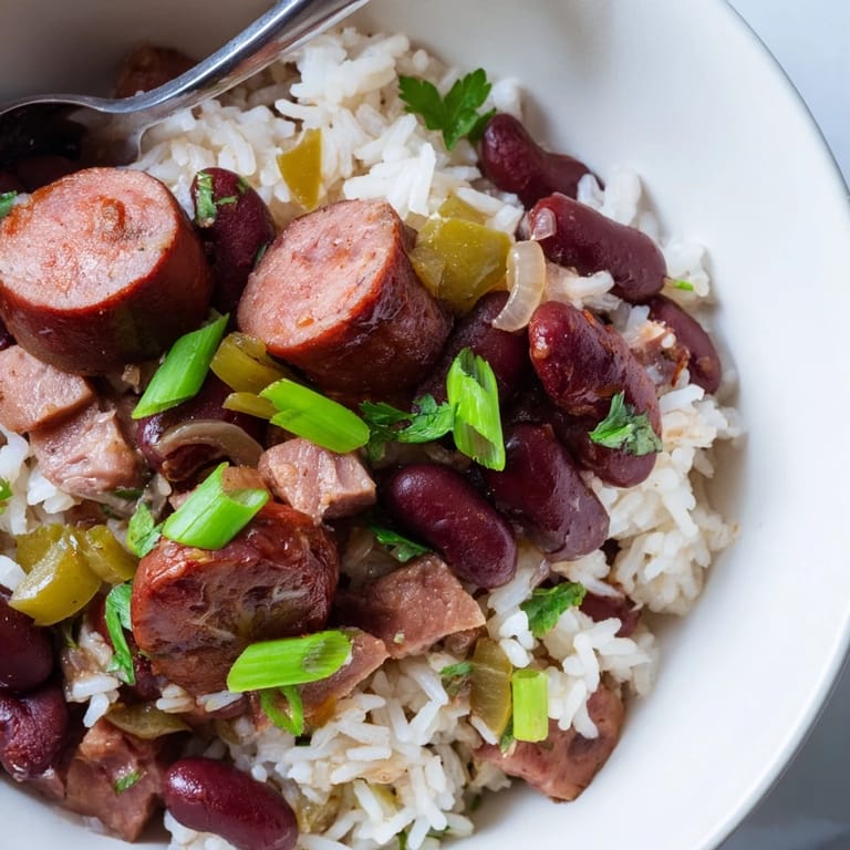 Aromatic Red Beans & Rice simmered with vegetables and topped with fresh parsley.  