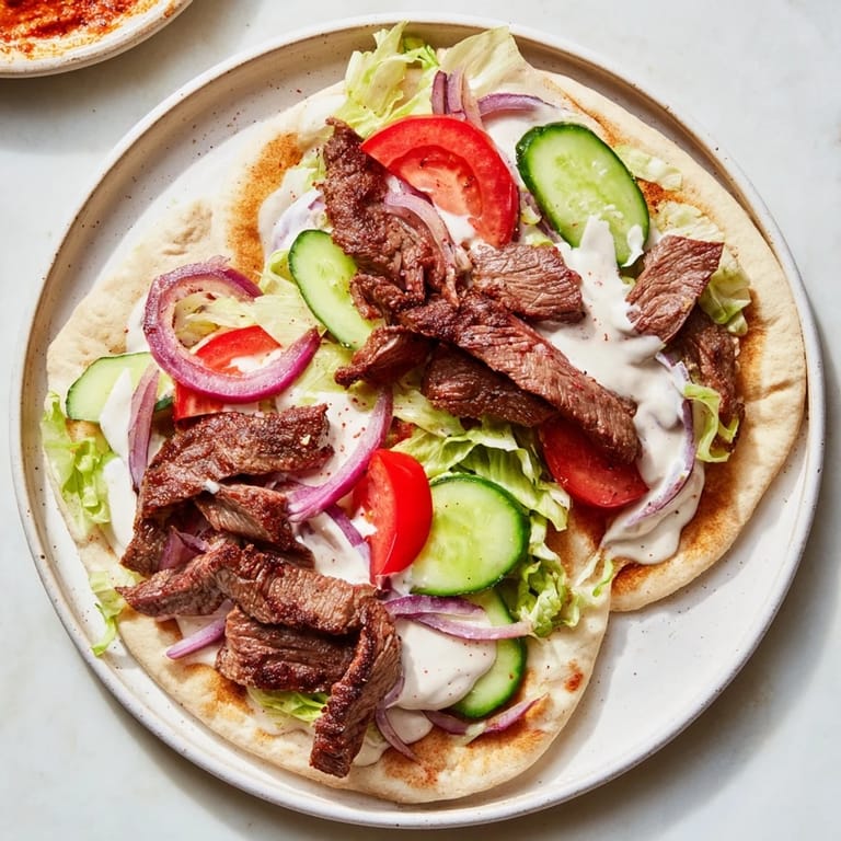 Warm flatbreads hold savory beef shawarma, layered with fresh garnishes and tangy, cool yogurt sauce.