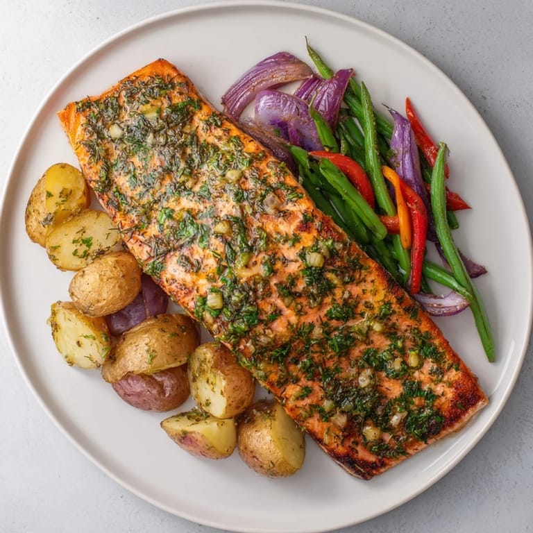 Crispy roasted potatoes and perfectly cooked Lemon Herb Salmon rest on a sheet pan, ready to serve.