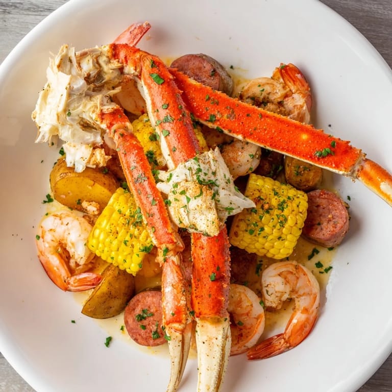 A visually appealing Seafood Boil, featuring bright red shrimp and snow crab legs on a platter.
