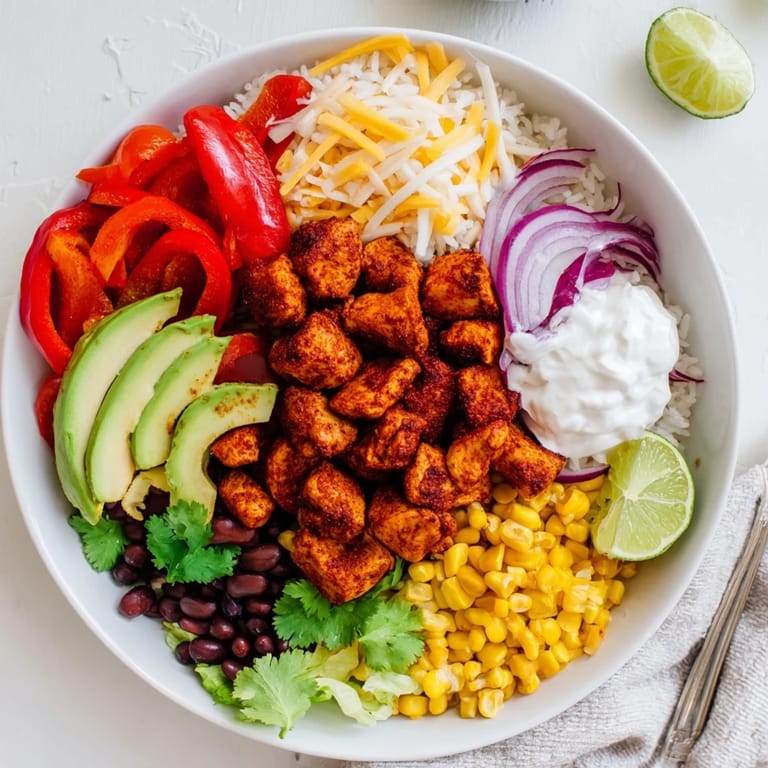 Freshly assembled Sheet Pan Chicken Burrito Bowls offer a flavorful Tex-Mex experience, perfect for a weeknight dinner.