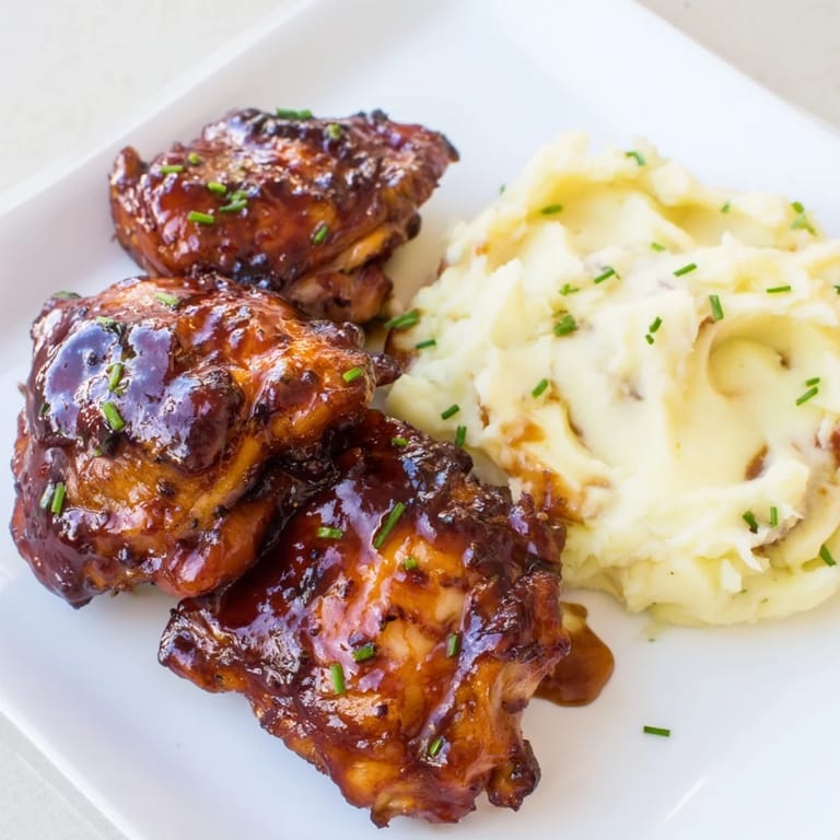 Close-up of baked honey BBQ chicken thighs, the sauce bubbling, on a plate with fluffy mashed potatoes.