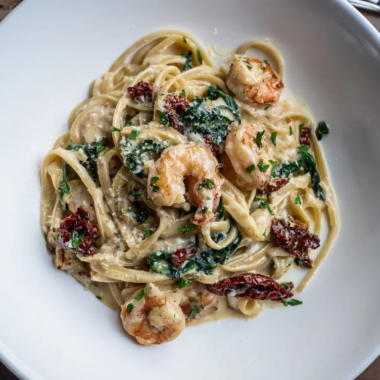 Imagine tender shrimp nestled in Tuscan Garlic Shrimp Pasta, a comforting bowl of Italian delight and herbs.