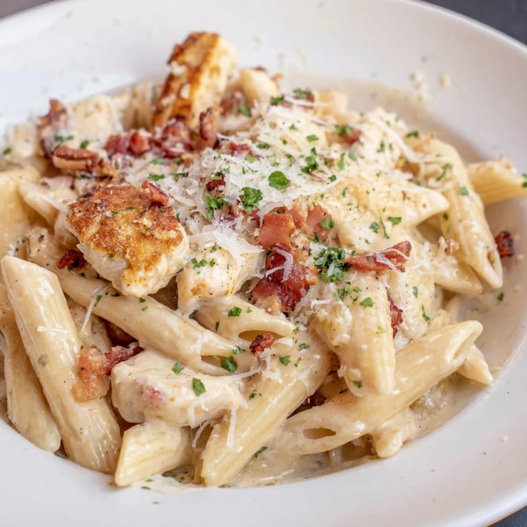 This vibrant image shows a bowl of flavorful Ranch Chicken & Bacon Penne garnished with fresh parsley.