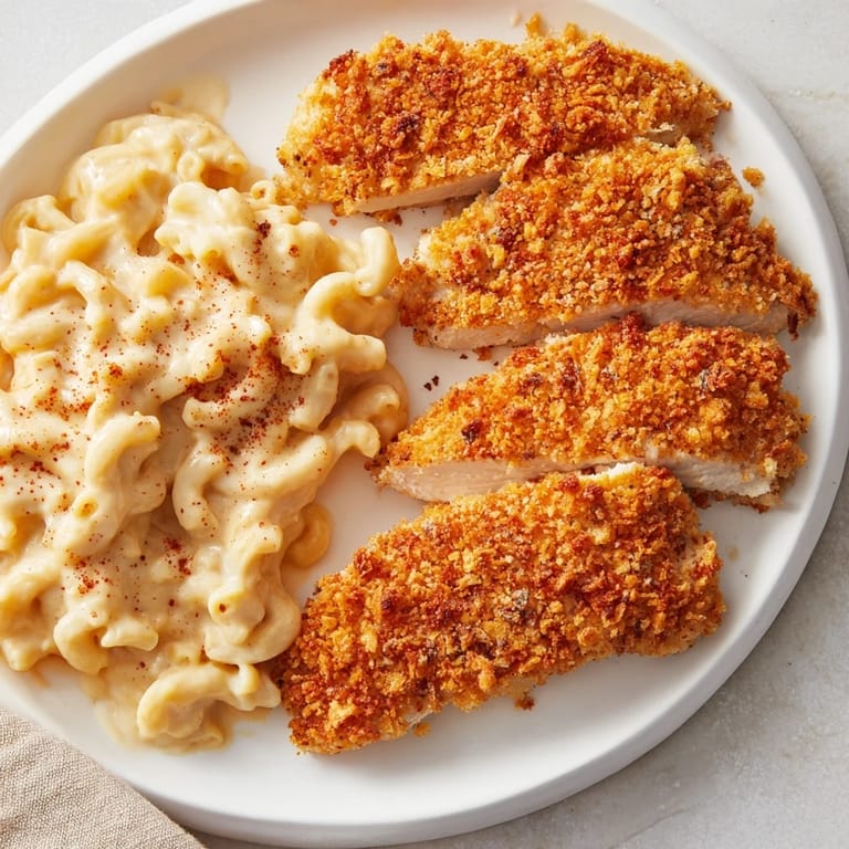Perfectly fried chicken tenders with a side of rich, cheesy macaroni with appealing textures.