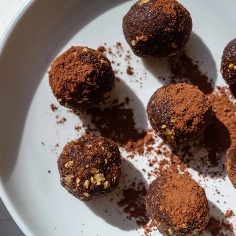 The irresistible Date & Walnut Truffles, displayed ready to eat, dusted with cocoa and perfect for a snack.