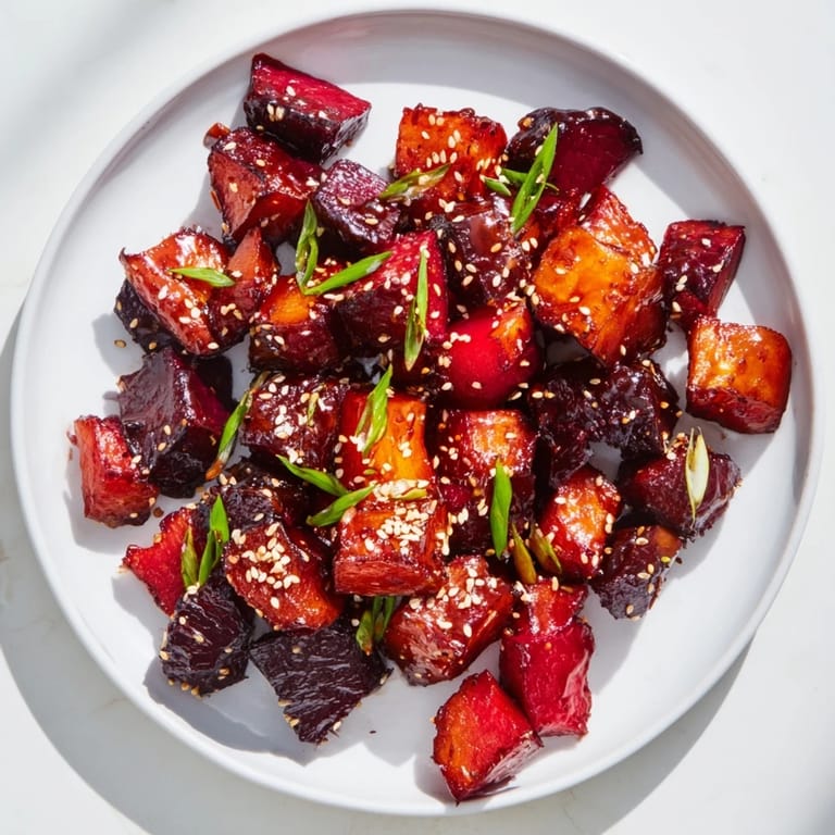 Vibrant, caramelized Miso Roasted Winter Vegetables, offering a delightful blend of textures and flavors.
