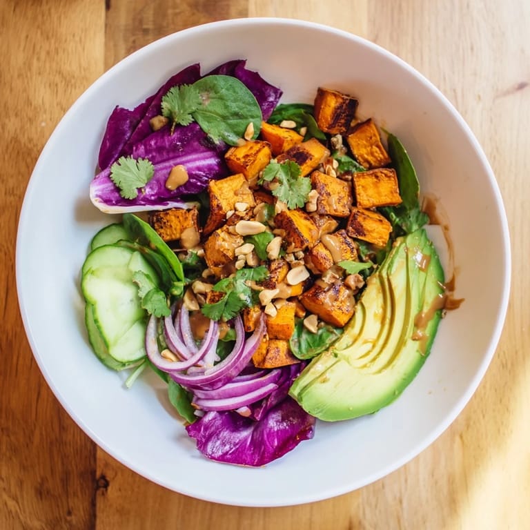 This Spiced Peanut Sweet Potato & Radicchio Salad Bowl features tender sweet potatoes, creamy avocado, and a zesty peanut dressing.