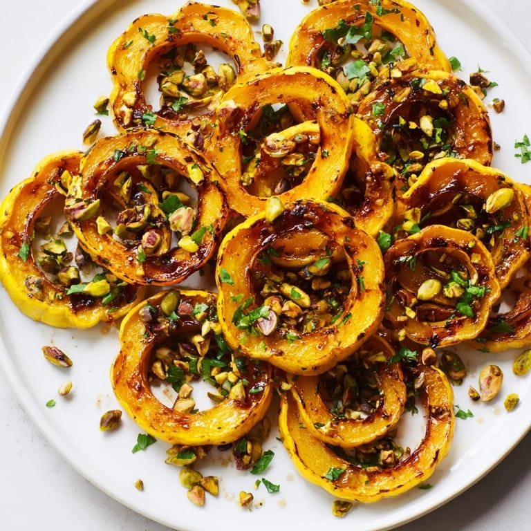 Perfectly roasted baked delicata squash rings, showcasing maple glaze, nuts, and a touch of parsley.